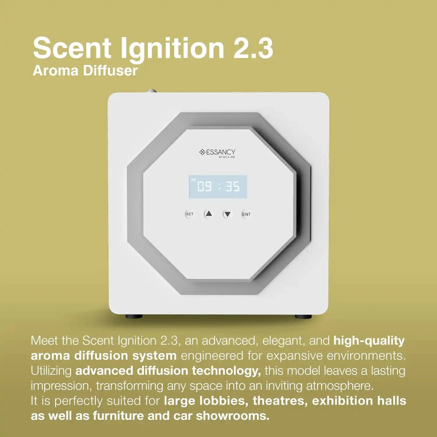 Scent Ignition 2.3 electric diffuser with advanced technology, designed for large lobbies and theatres. Features programmable settings and elegant finish.