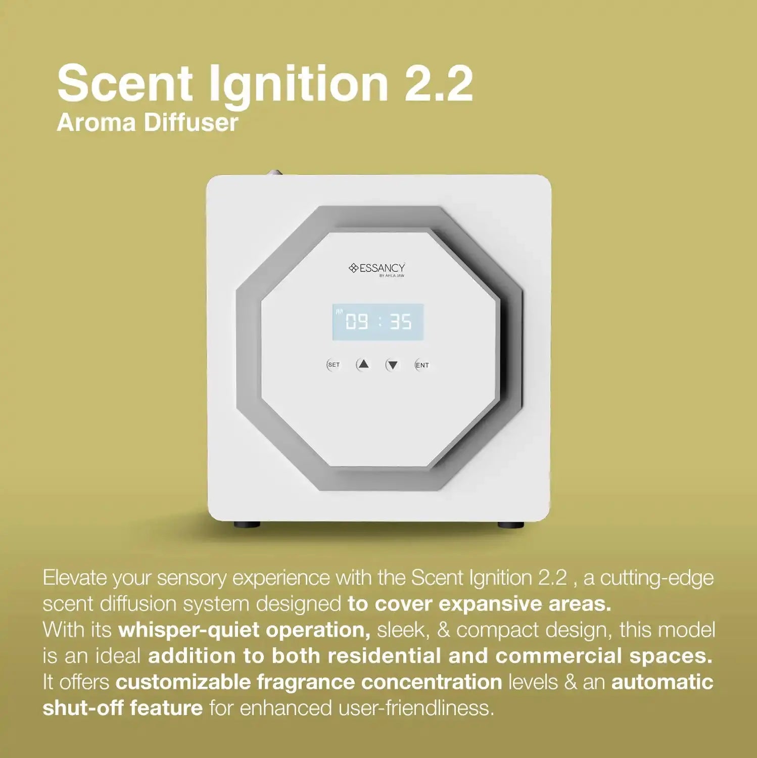 Scent Ignition 2.2 – Whisper-Quiet Aroma Oil Diffuser in white, designed for expansive coverage and silent operation in residential or commercial use.