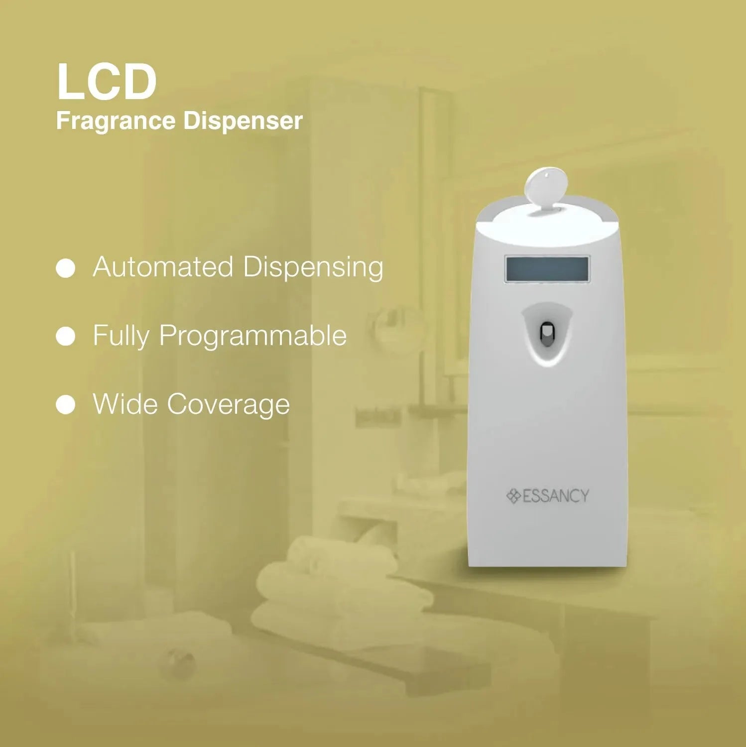 LCD fragrance dispenser with features listed on a blurred background