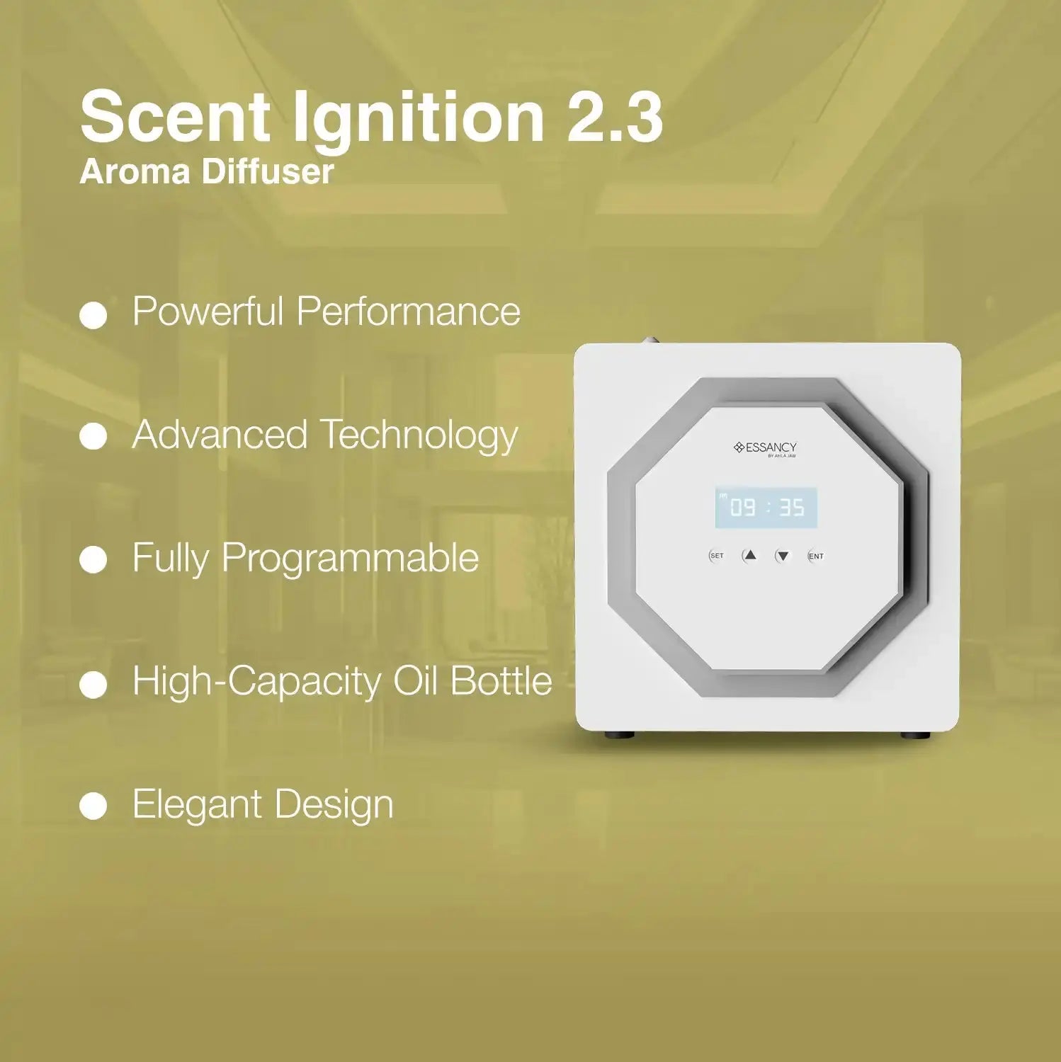 Scent Ignition 2.3 aroma diffuser highlights powerful performance, advanced tech, and high-capacity oil bottle. Designed for large commercial spaces.