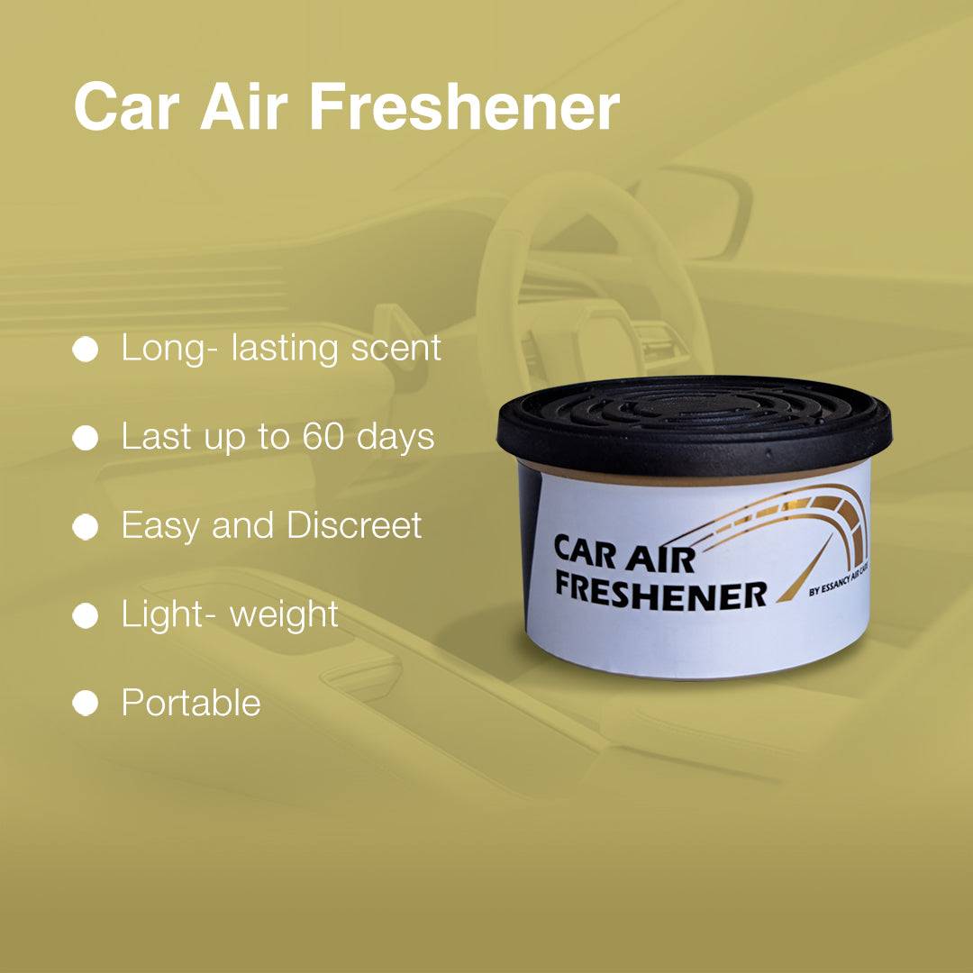 Car air freshener with features listed on a yellow background