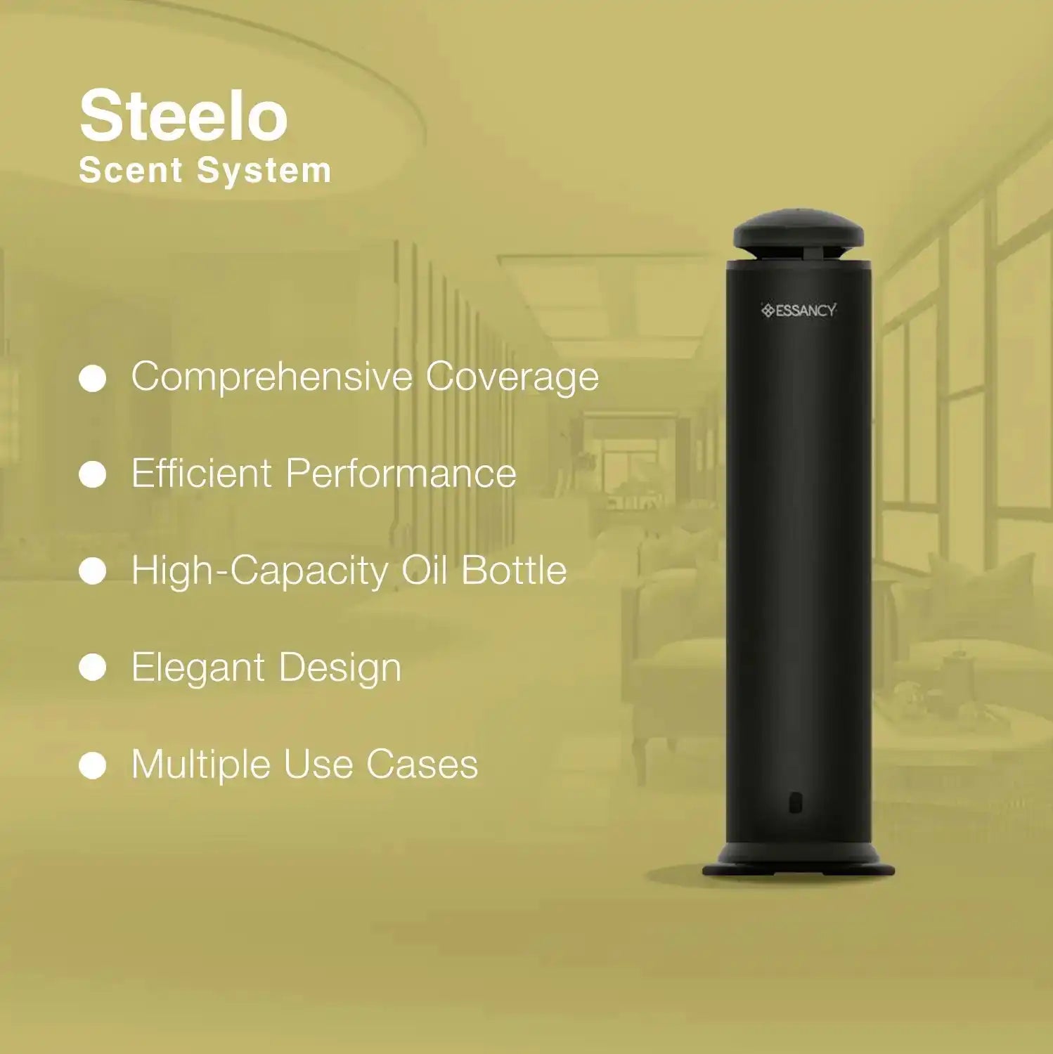 Steelo Scent System benefits listed with image of diffuser, emphasizing elegant design, high-capacity bottle, and efficient performance.