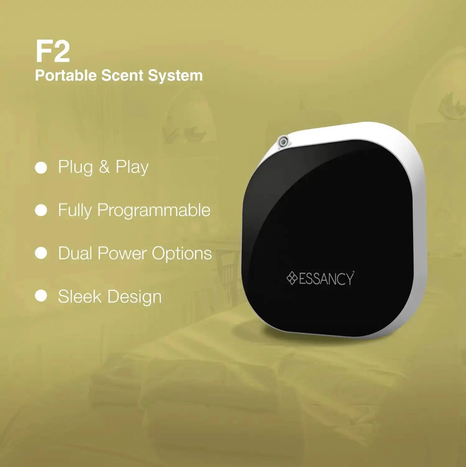 F2 Portable Scent System - Diffuser with plug & play, programmable features, and dual power options. Designed for modern home interiors.