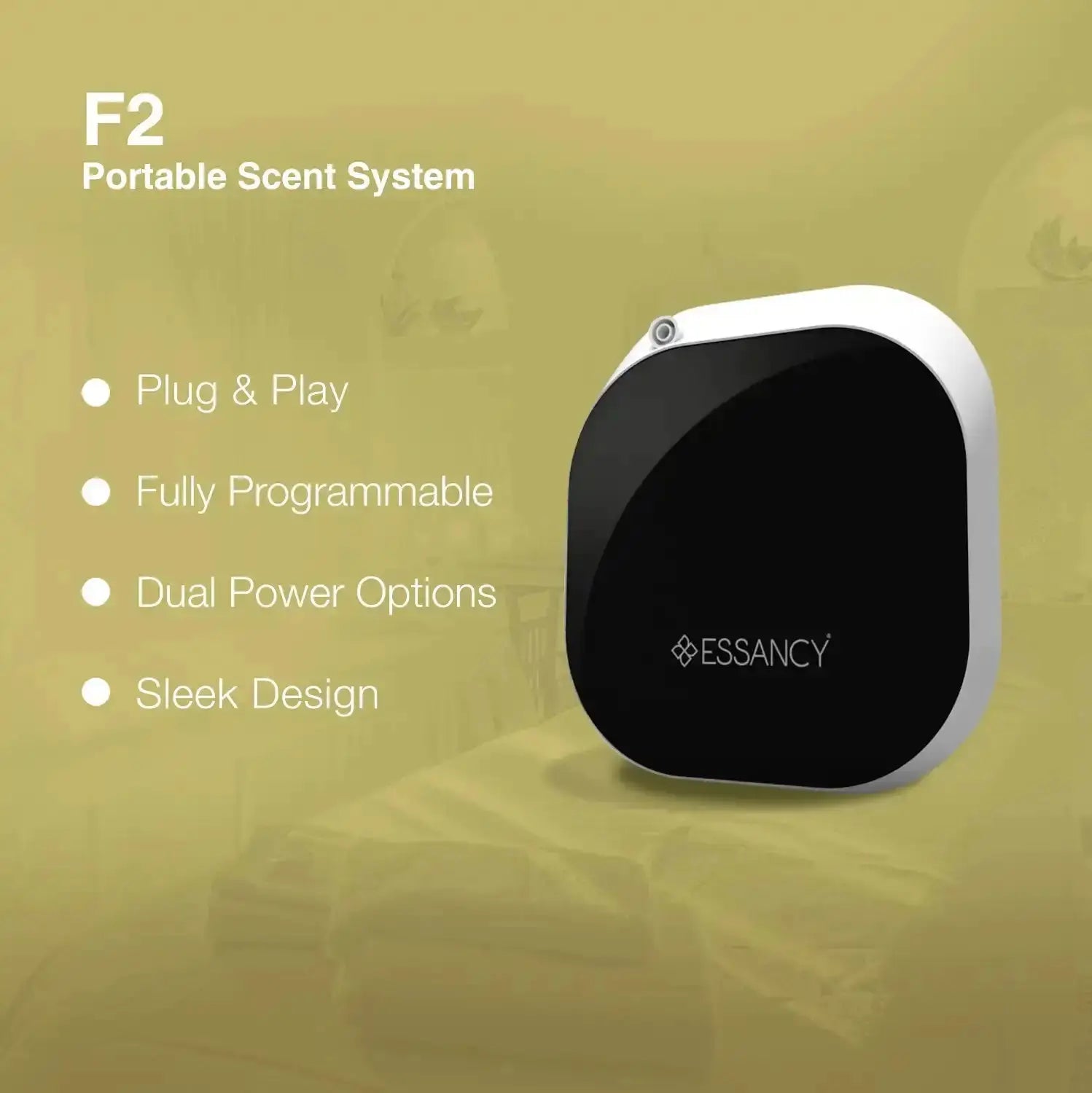 F2 Portable Scent System - aroma diffuser with plug & play, programmable features, and dual power options. Designed for modern home interiors.