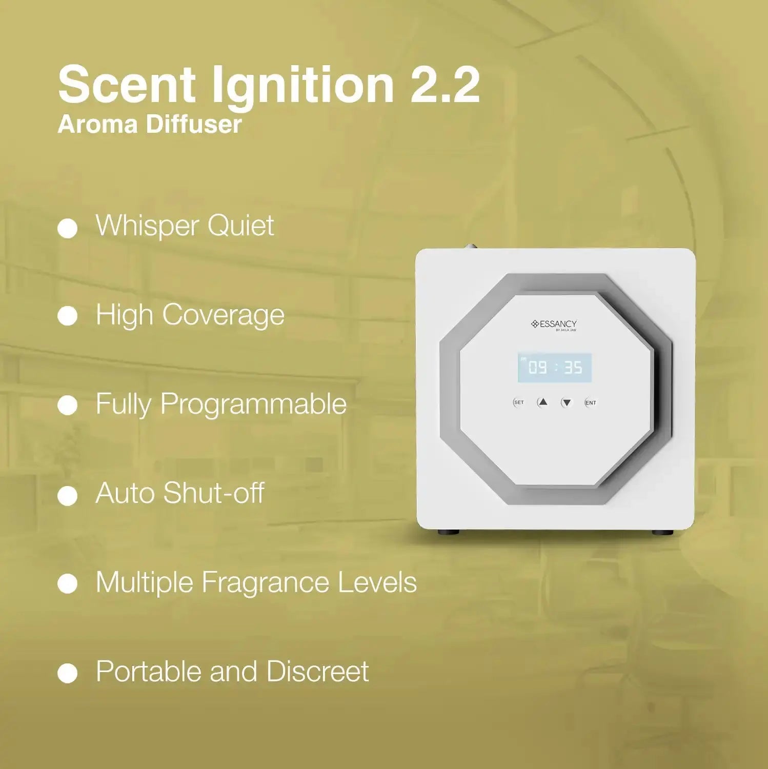 Scent Ignition 2.2 – Whisper-Quiet Aroma Oil Diffuser benefits listed: high coverage, programmable, portable, and multiple fragrance levels.