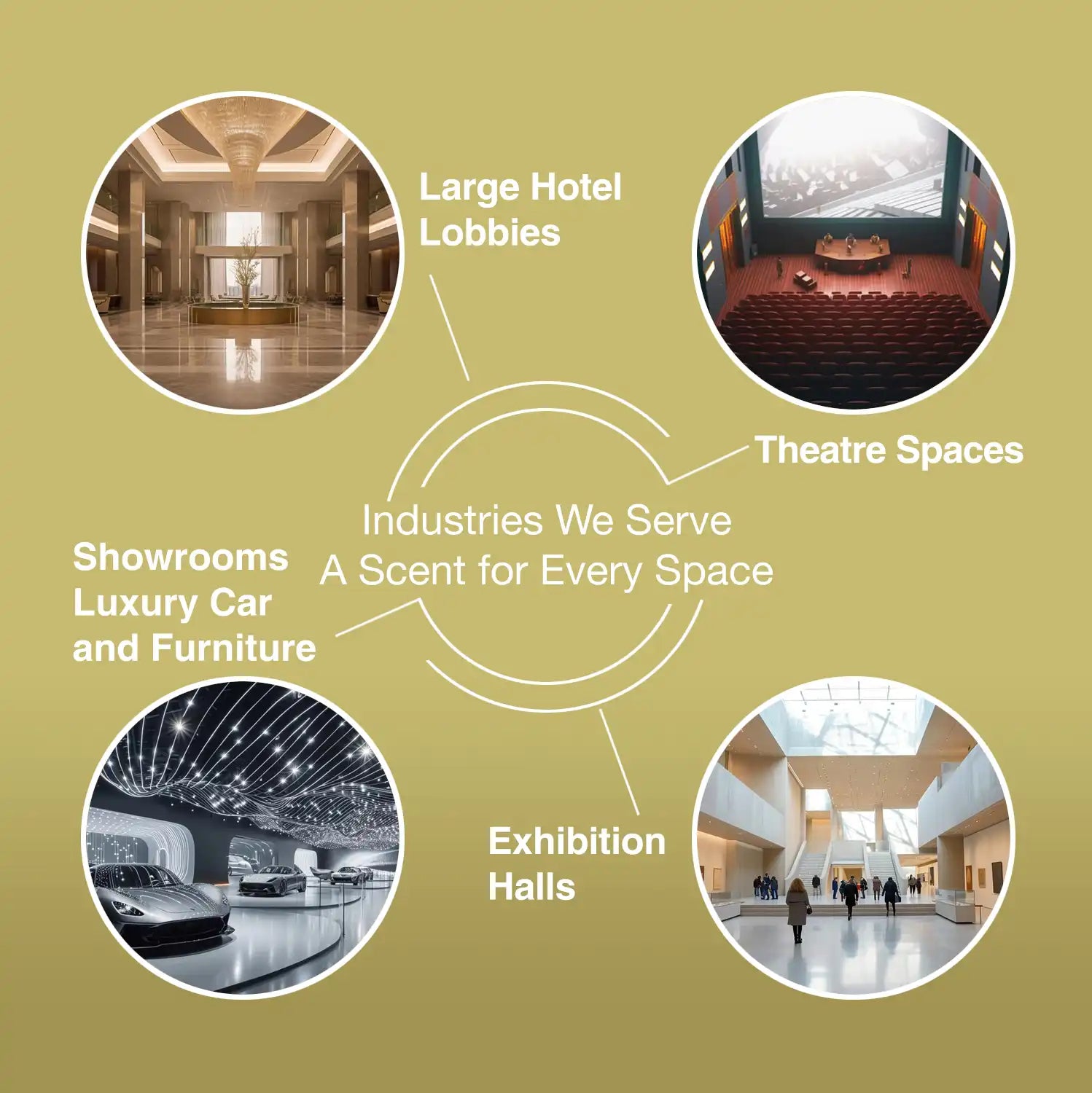 Industries served by Scent Ignition 2.3 aroma diffuser include hotel lobbies, theatres, exhibition halls, and luxury car showrooms. Ideal for large-scale scenting.