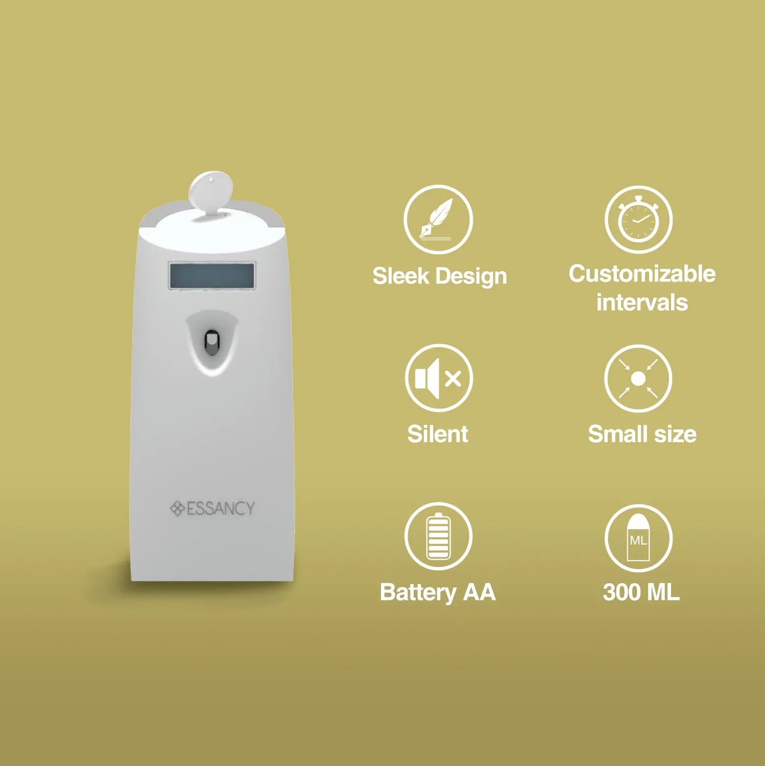 White electronic device with features listed on a green background