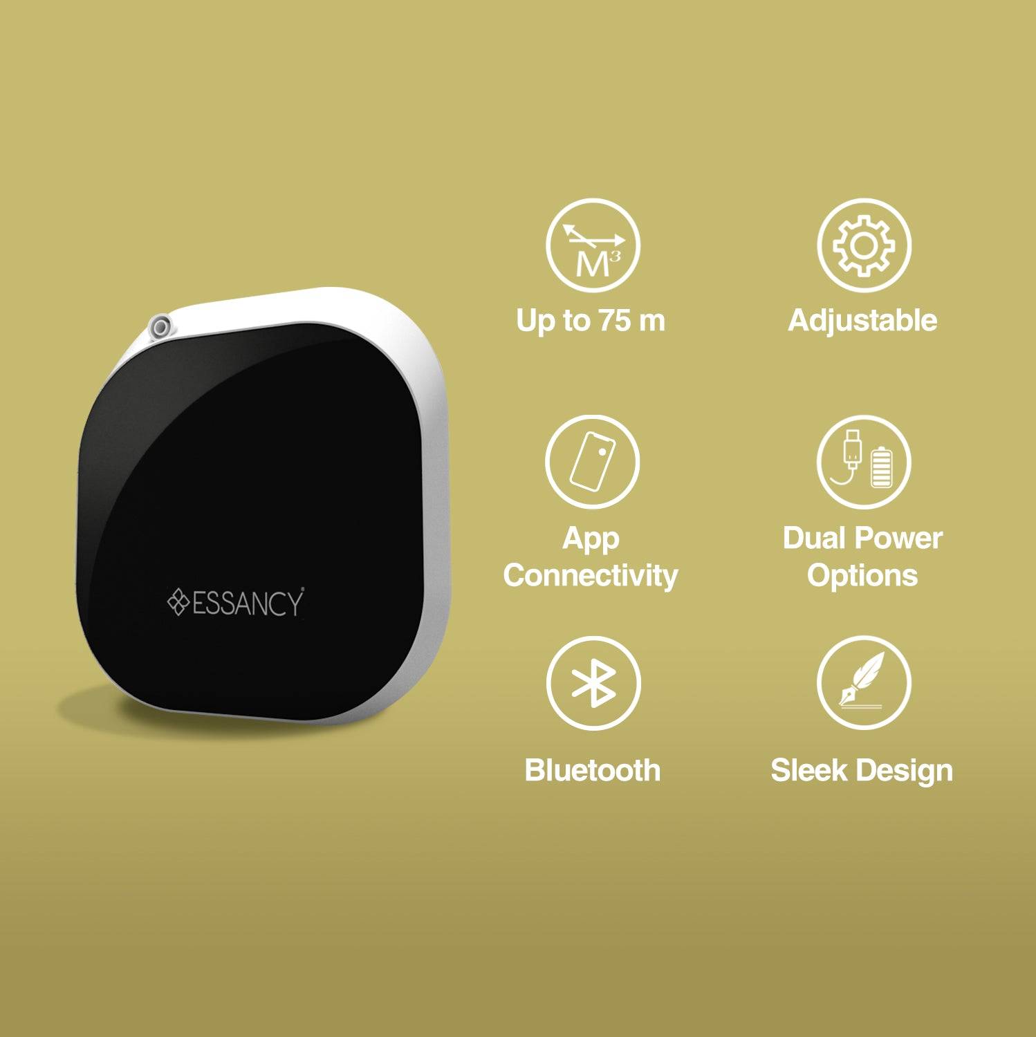 Black aroma diffuser with Essancy branding on a green background, featuring icons and text about product features.