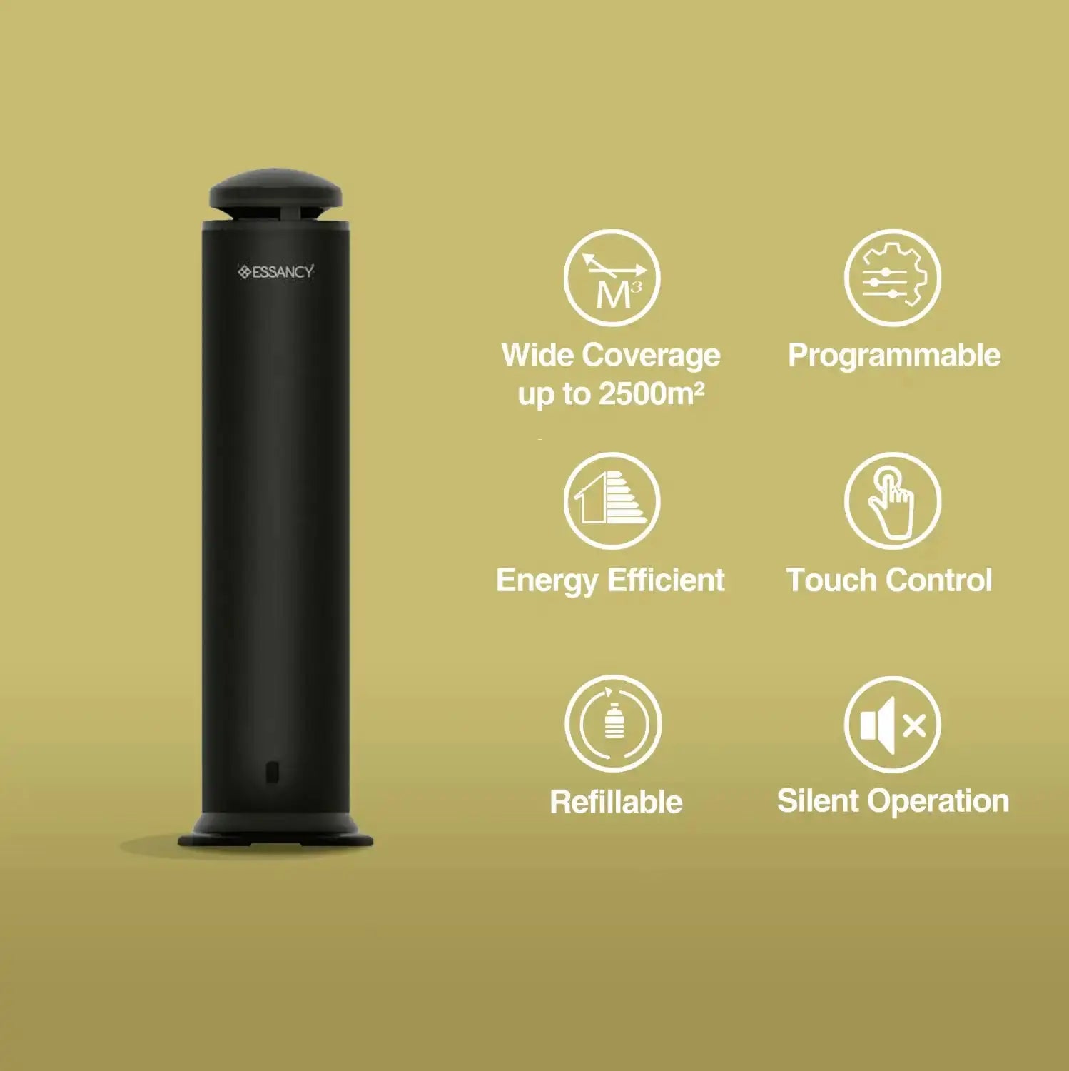 Steelo Scent System features icons showing wide coverage, programmability, energy efficiency, touch control, refillability, and silent operation.