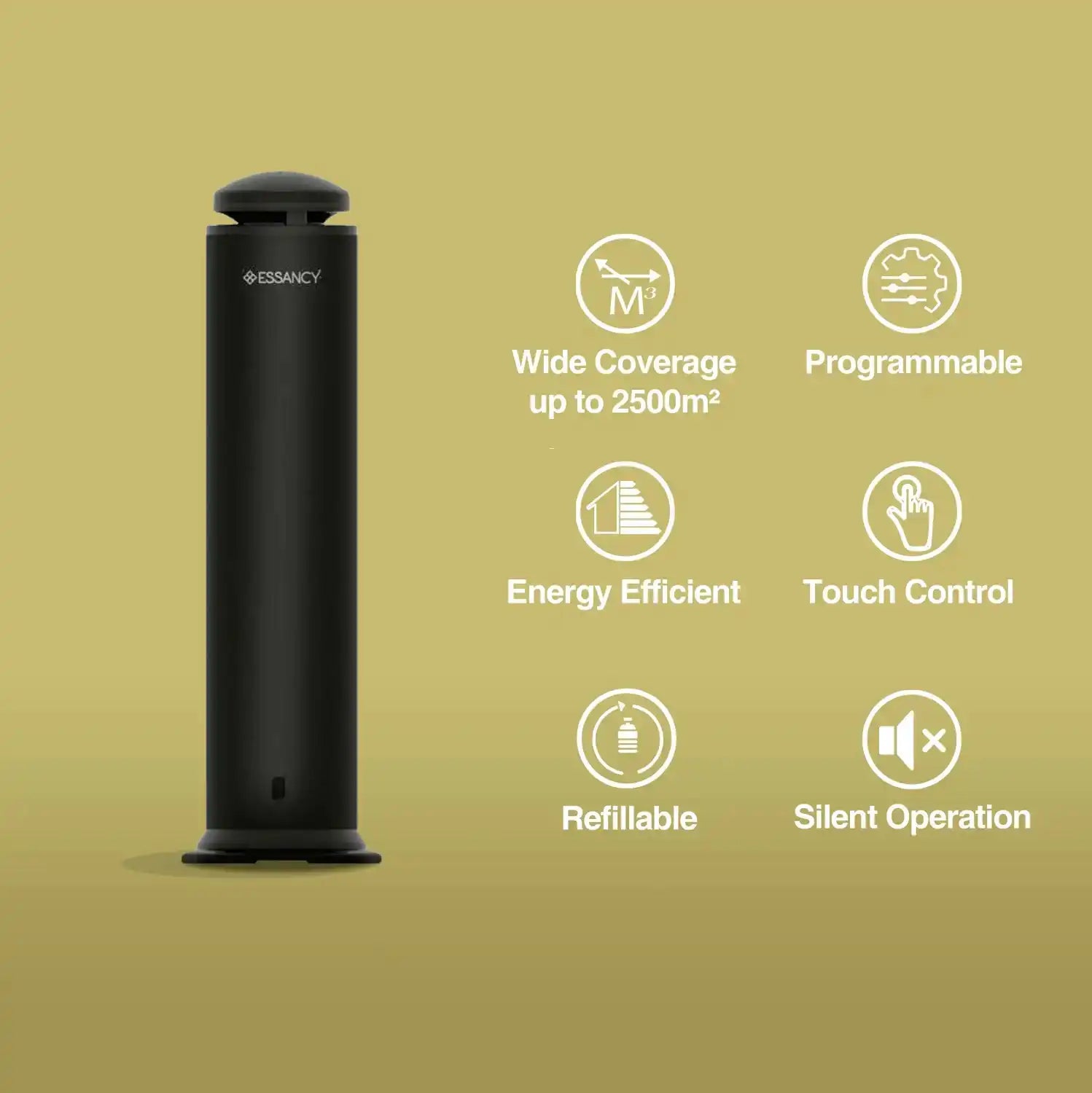 Steelo Scent System features icons showing wide coverage, programmability, energy efficiency, touch control, refillability, and silent operation.