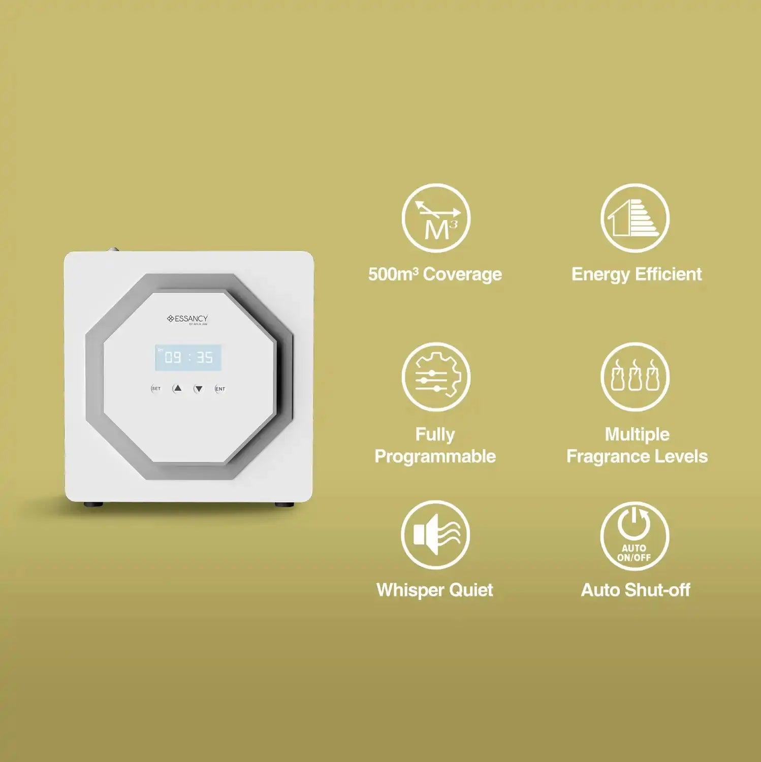 Feature overview of Scent Ignition 2.1 Diffuser with icons for 500m³ coverage, energy efficiency, programmable settings, and auto shut-off.