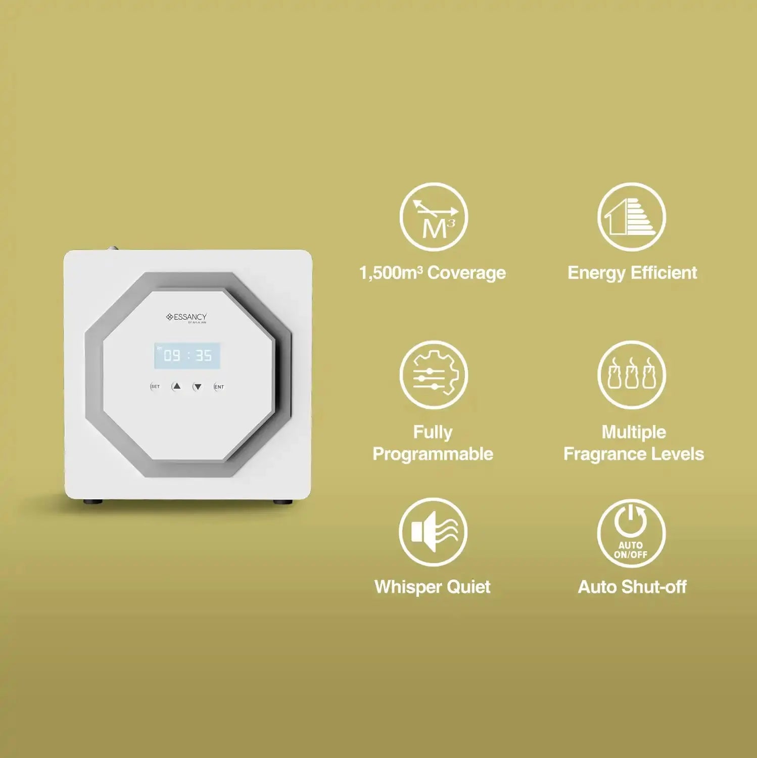 Scent Ignition 2.2 – Whisper-Quiet Aroma Oil Diffuser features include 1500m³ coverage, programmable settings, and energy-efficient auto shut-off.