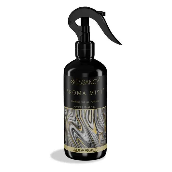Addresses Aroma Mist Air Freshener 300ml room spray in sleek black bottle with gold and marble design, ideal for home fragrance use.