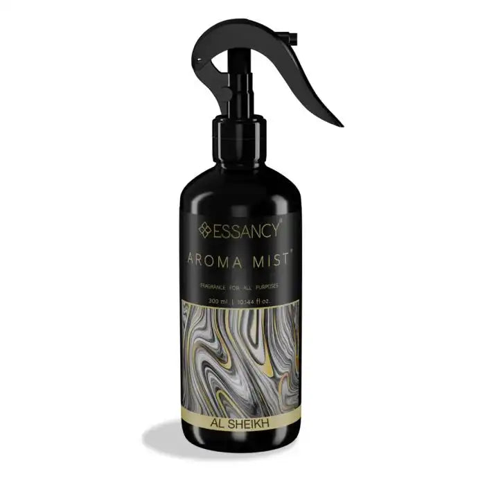 Al Sheikh Aroma Mist Air Freshener 300ml in sleek black spray bottle with gold and marble design, ideal for odor neutralizing home fragrance.