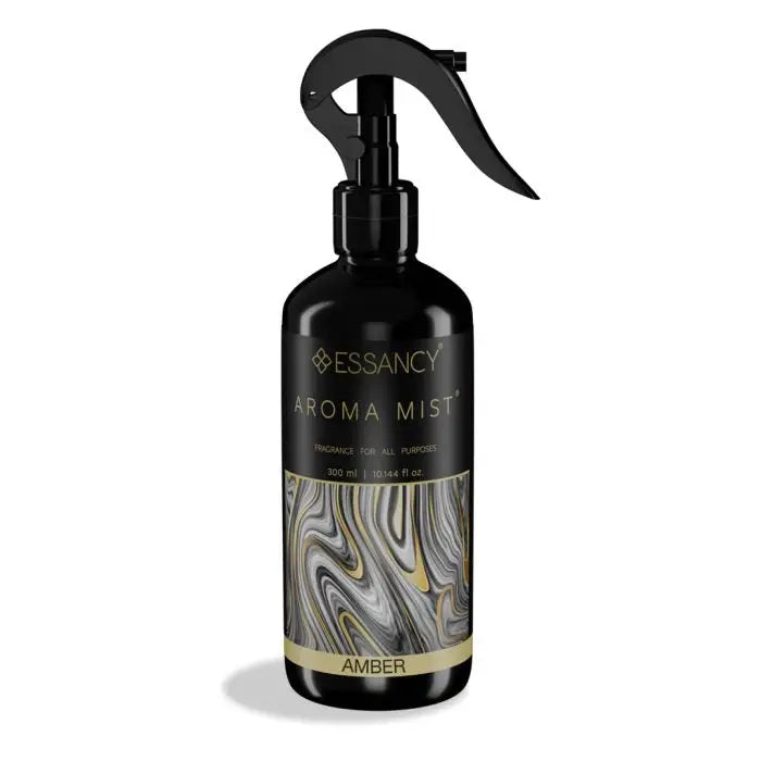 Amber Aroma Mist Room Perfume 300ml in sleek black spray bottle with marbled label design, ideal for home air freshening.
