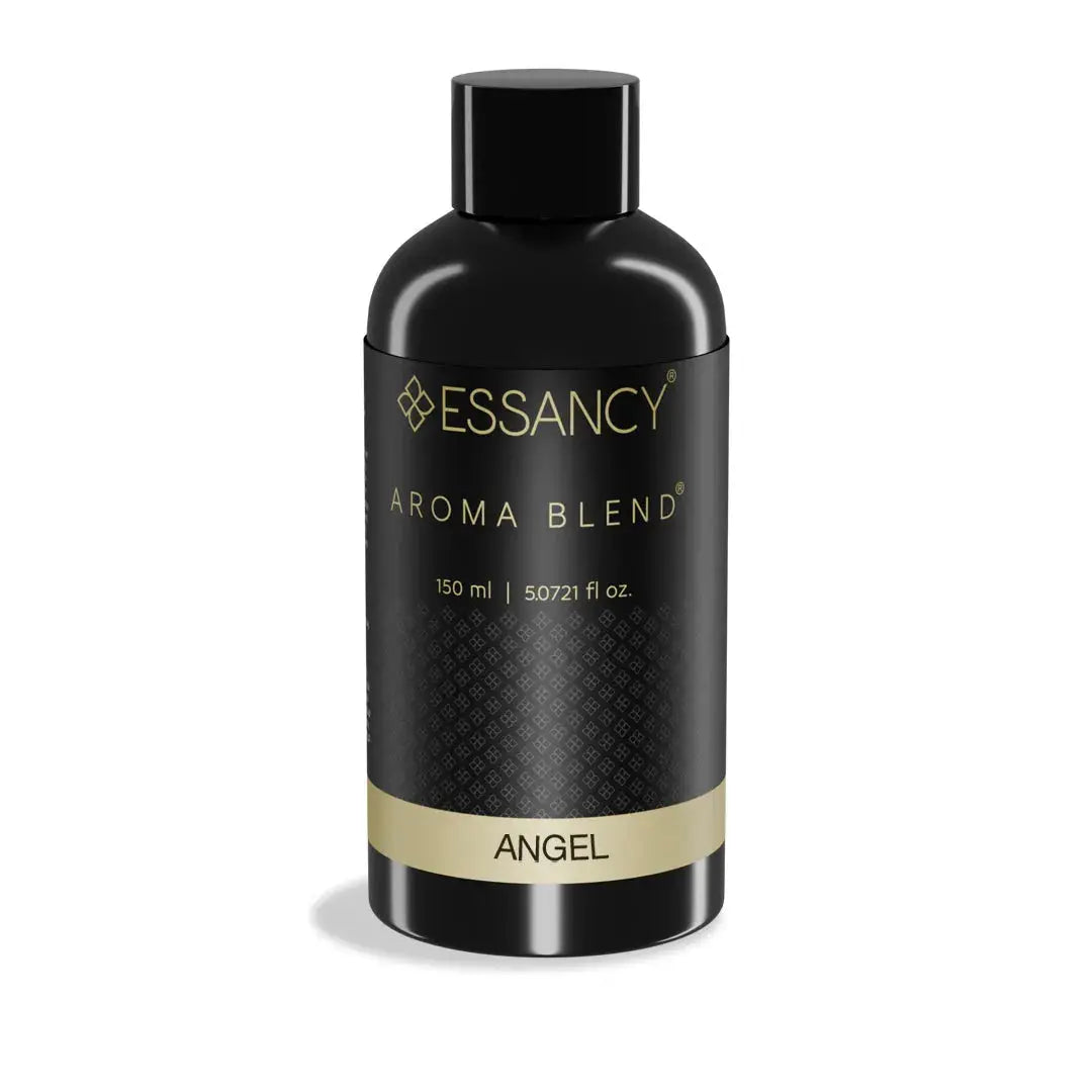 Black bottle of Essancy Aroma Blend Angel on a white background
