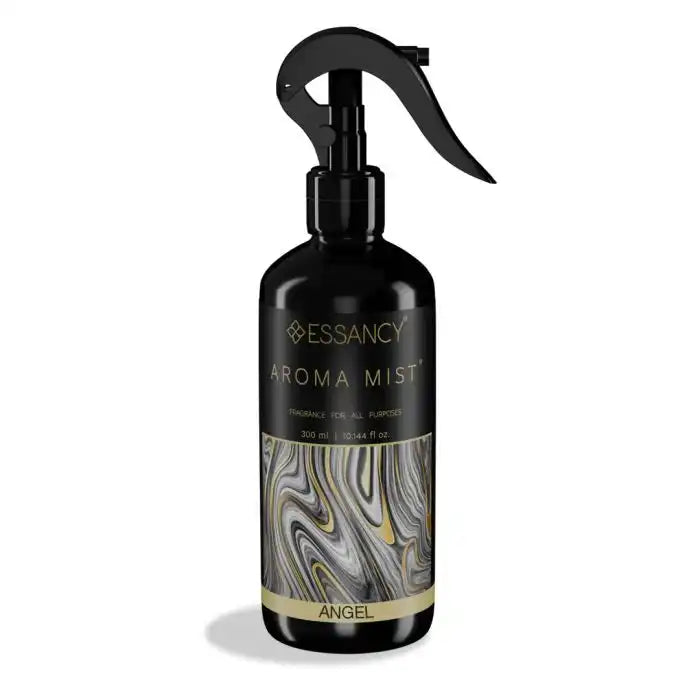 Angel Air Freshener Spray by Essancy in a 300ml black and gold bottle with marbled design, ideal for home fragrance and decor.