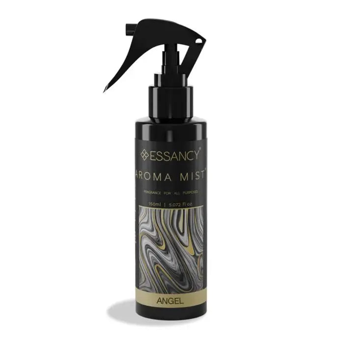 Angel Aroma Air Freshener - Odor Eliminator 150ml spray bottle with elegant black and gold marbled design, ideal for home fragrance use.