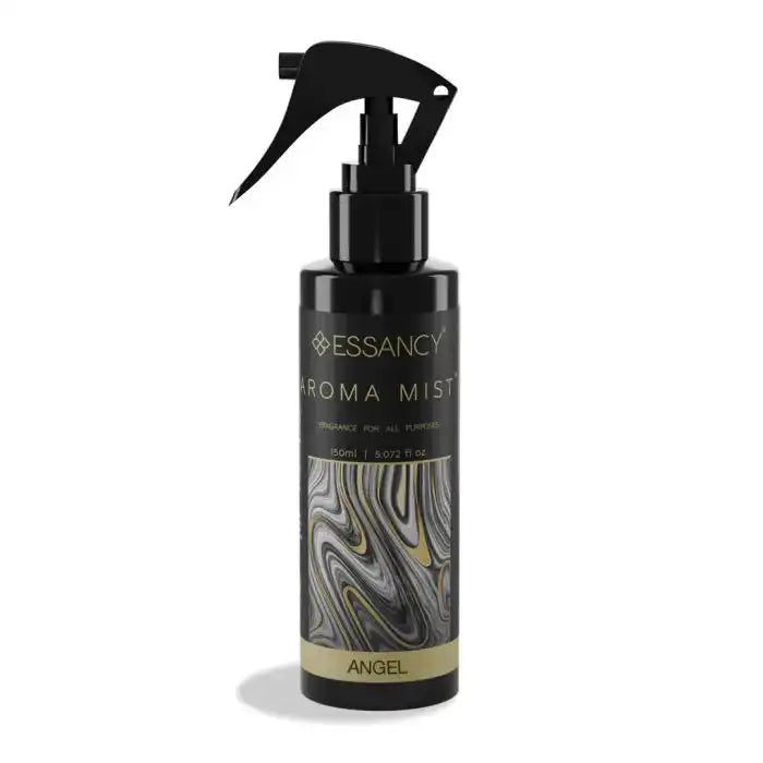 Angel Aroma Air Freshener - Odor Eliminator 150ml spray bottle with elegant black and gold marbled design, ideal for home fragrance use.