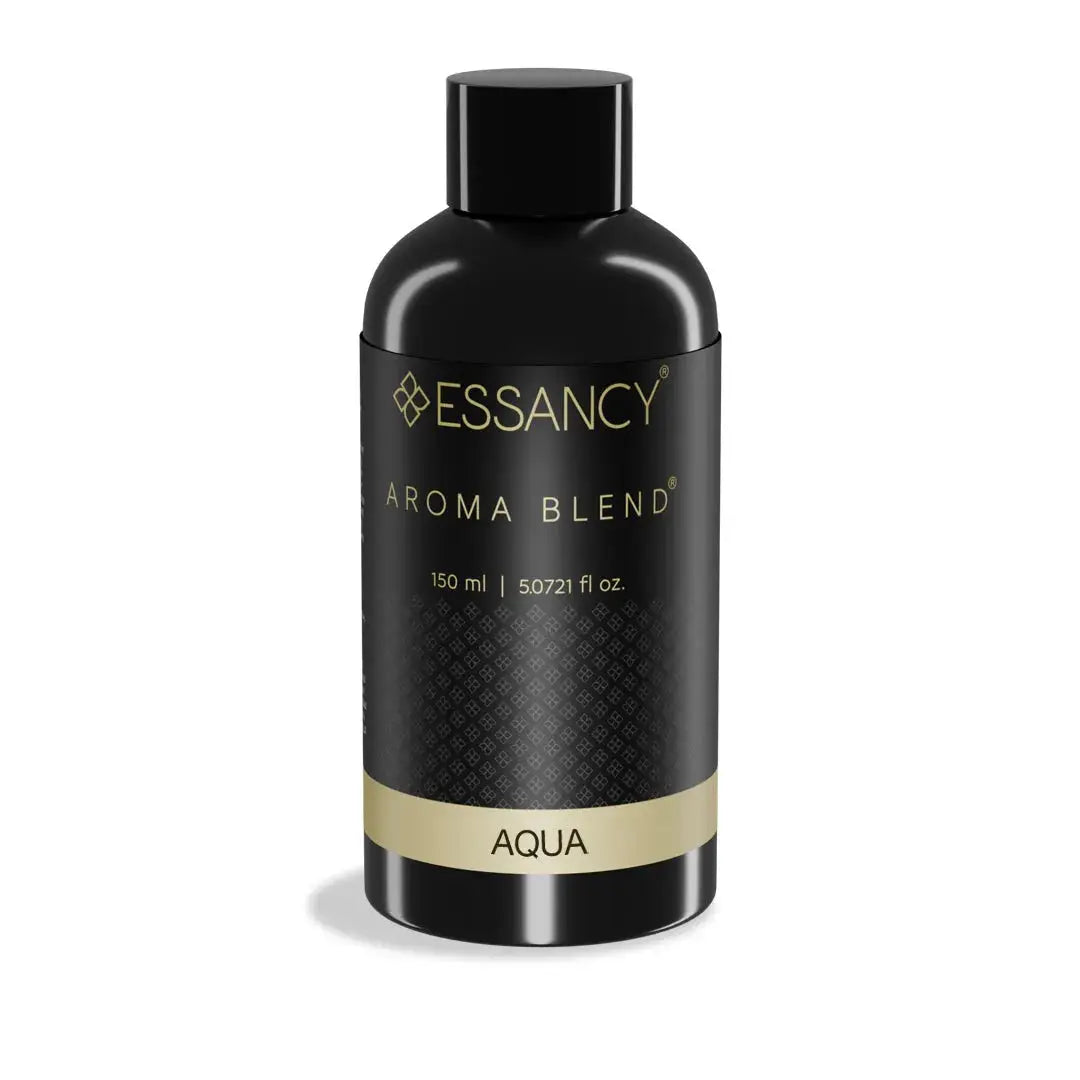 Black bottle of Essancy Aroma Blend Aqua on a white background