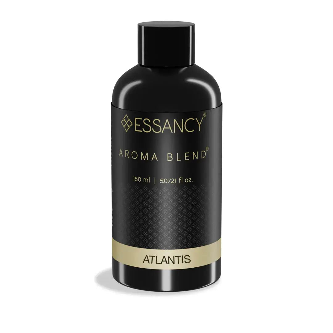 Black bottle of Essancy Aroma Blend Atlantis on a white background