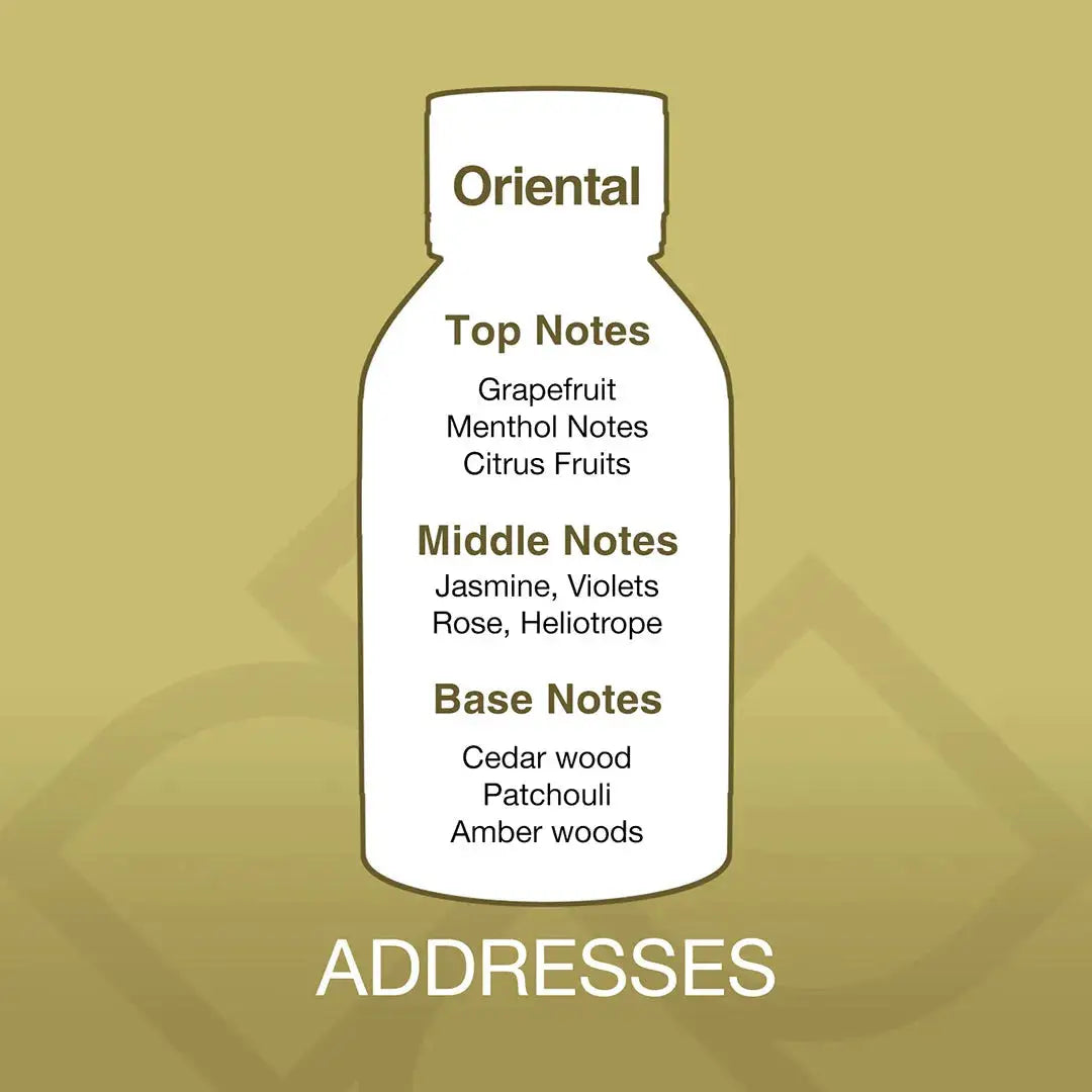 Fragrance profile of Essancy Addresses Aroma Blend showing oriental notes with grapefruit, jasmine, patchouli, and amber woods for rich scent layering.