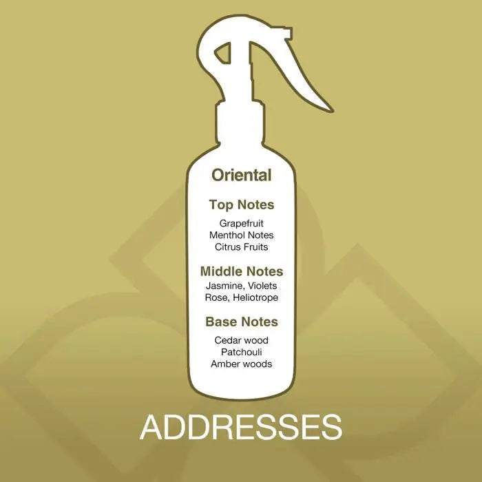 Fragrance profile of Addresses Aroma Mist Air Freshener 300ml showing oriental scent with grapefruit, jasmine, and cedarwood notes.