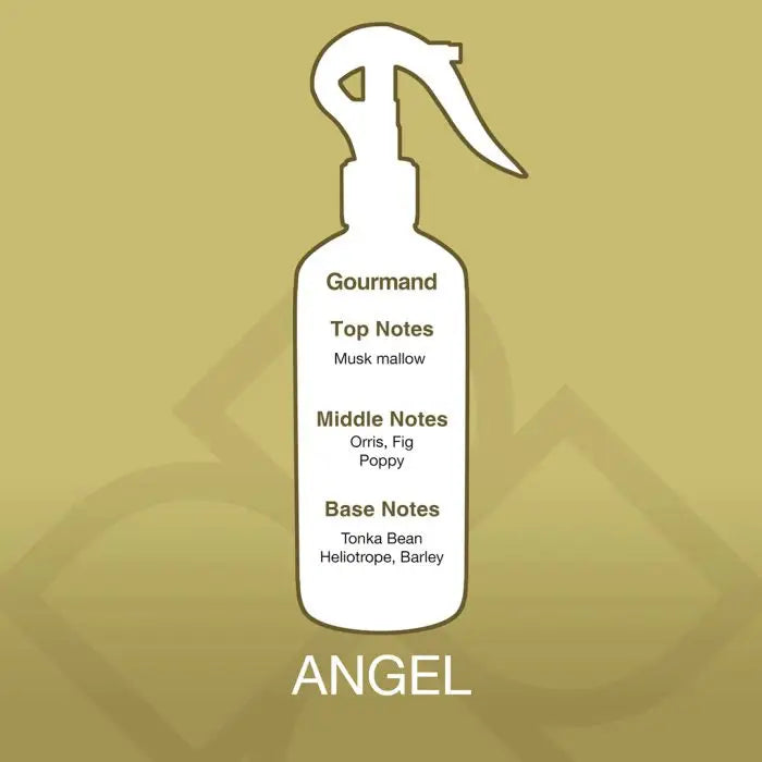 Angel Aroma Air Freshener scent profile showing top notes of musk mallow, middle notes of orris and fig, and base notes of tonka bean and barley.