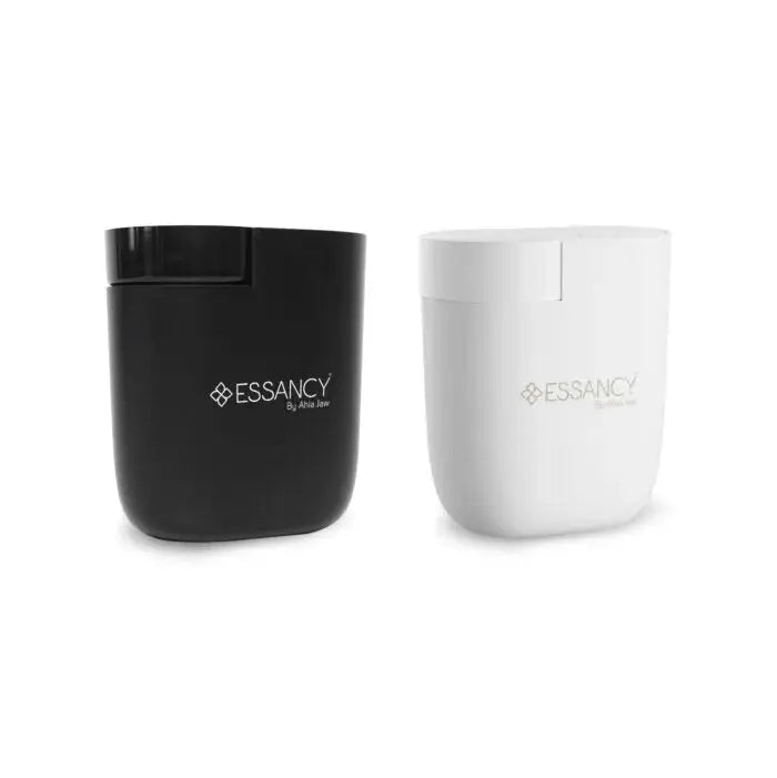 AromaLux Black and white containers with 'Essancy' branding on a white background