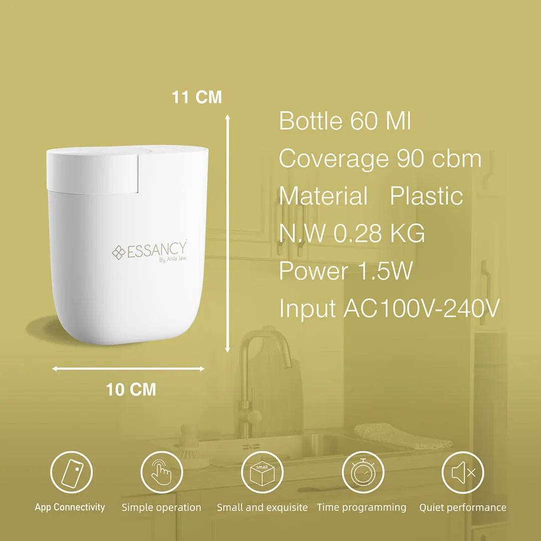 White device with Essancy branding on a green background, showing product details and features.