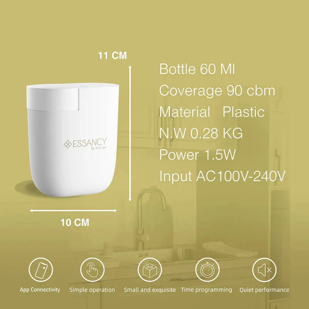 White device with Essancy branding on a green background, showing product details and features.