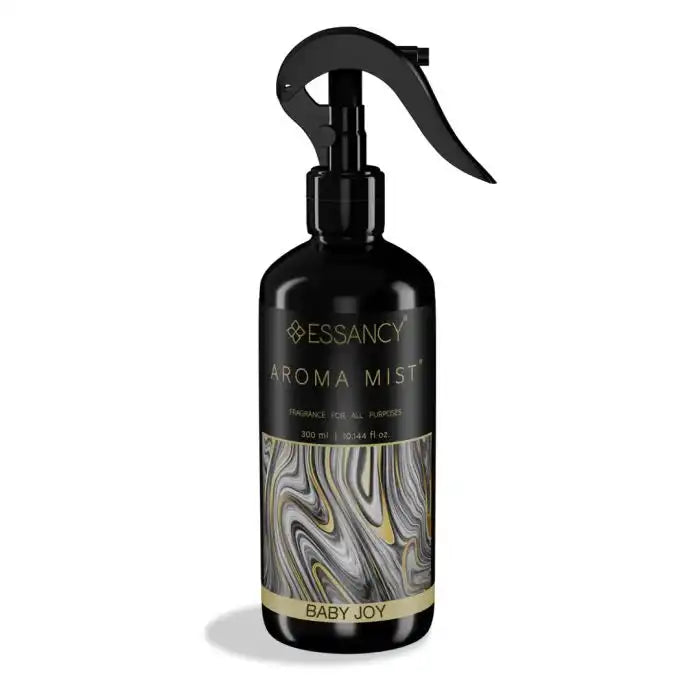 Baby Joy Air Freshener Spray by Essancy in 300ml black bottle with gold and marble design, ideal for home fragrance and odor neutralization.