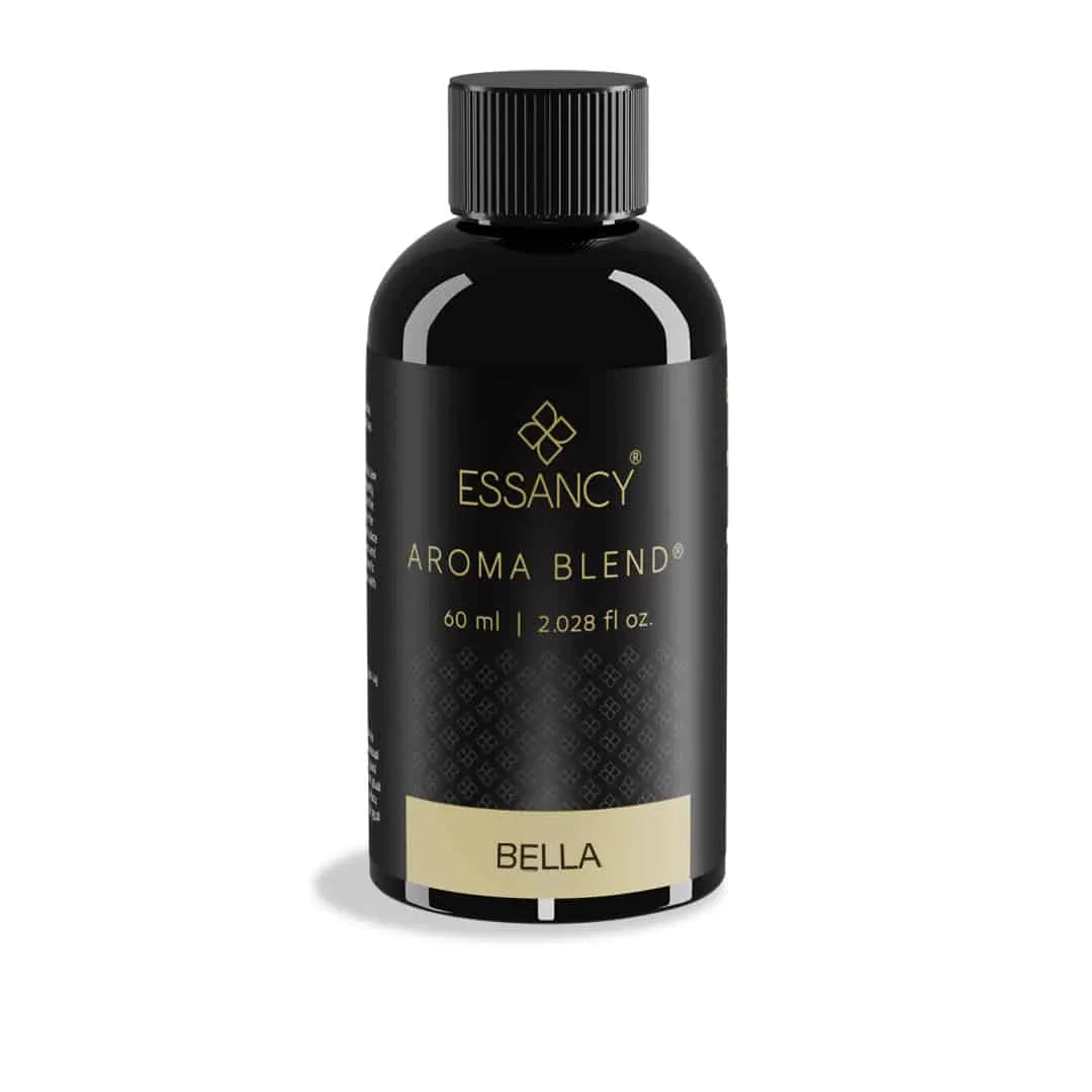Black bottle of Essancy Aroma Blend Bella on a white background