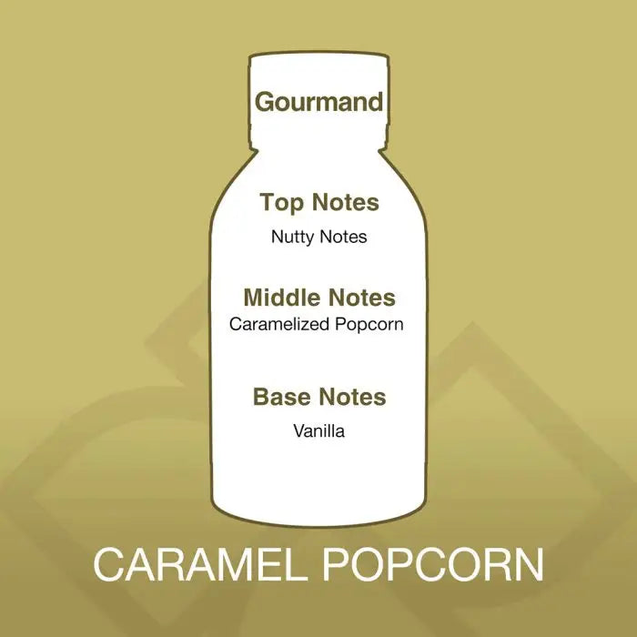 Fragrance profile of Caramel Popcorn Aroma Blend showing top nutty notes, middle caramelized popcorn, and base vanilla for a gourmand scent.