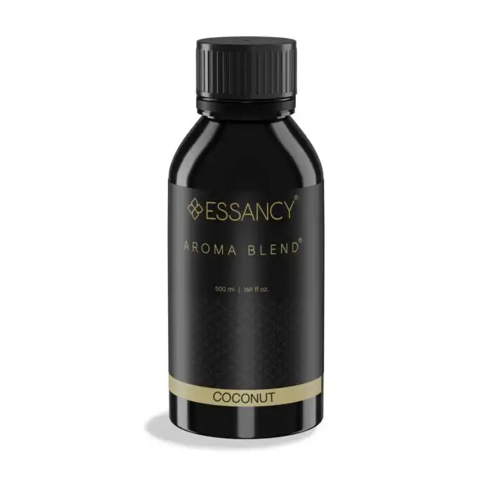Essancy Coconut Aroma Blend 500ml in sleek black bottle, ideal fragrance diffuser oil for home with long-lasting tropical scent.