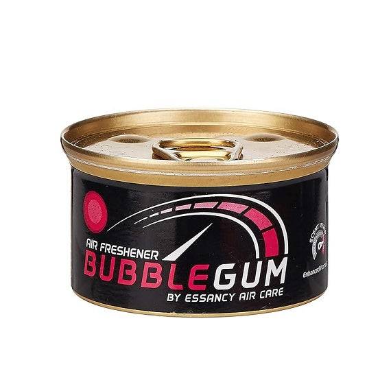 Can of bubble gum-scented air freshener with gold lid on a white background