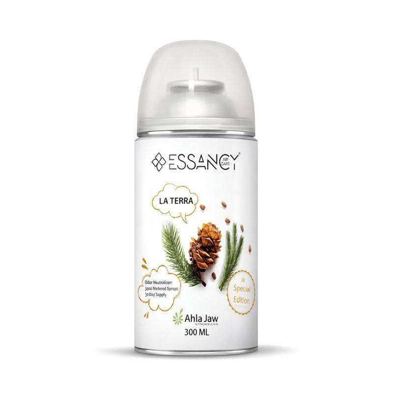 Aroma Aerosol LA TERRA 300ml automatic air freshener with pinecone and cedarwood design, ideal for home fragrance and odor neutralization.