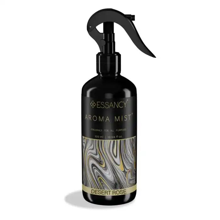 Desert Rose Air Freshener Spray by Essancy in a 300ml black bottle with gold marbled label, ideal for floral and exotic home fragrance.