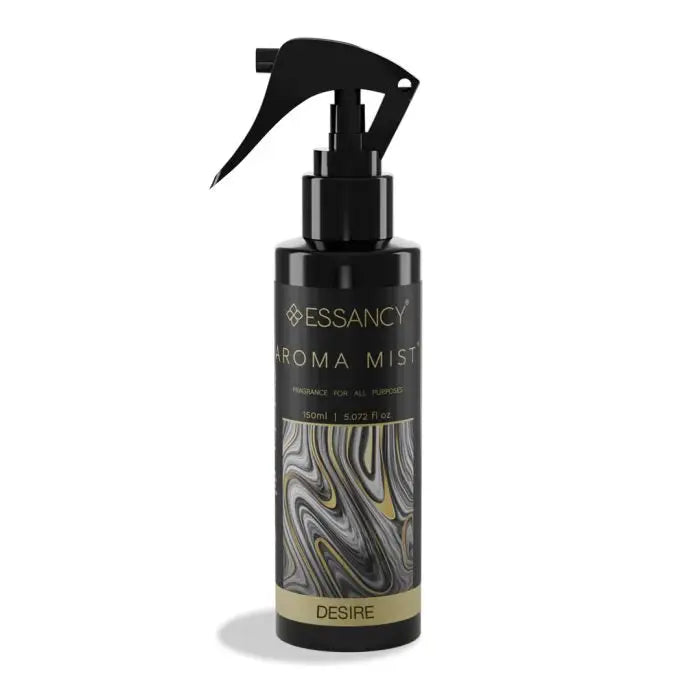 Desire Aroma Mist Room Freshener 150ml in sleek black and gold spray bottle, ideal for luxury home fragrance and air freshening.