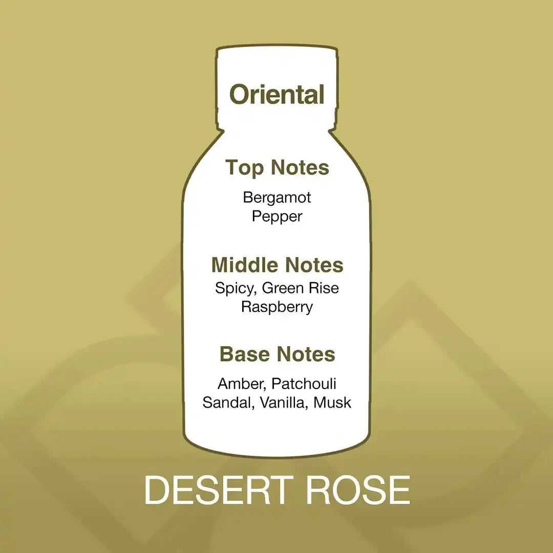 Desert Rose Aroma Oil scent profile includes bergamot, pepper, green rose, raspberry, amber, patchouli, sandalwood, vanilla, and musk.