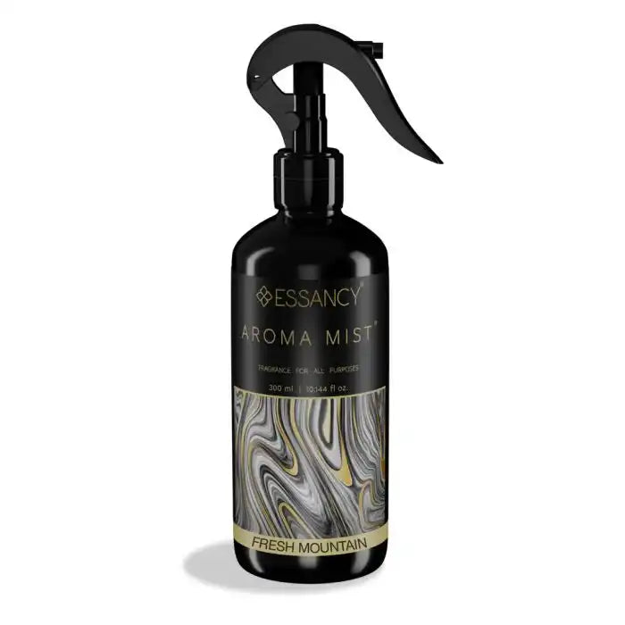 Fresh Mountain Air Freshener Spray by Essancy in a 300ml black bottle with gold and marble design, ideal for home fragrance and odor neutralization.