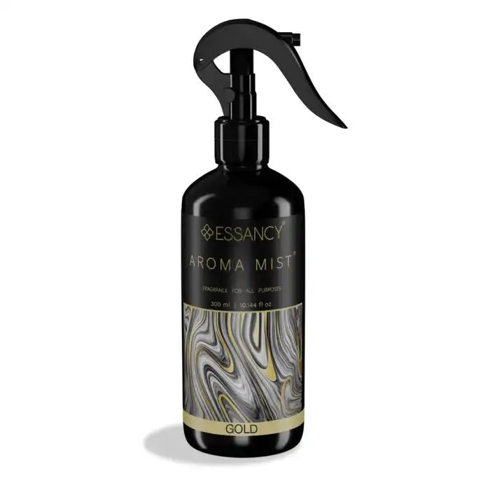 Gold Air Freshener Spray – Rich & Radiant by Essancy in a sleek 300ml black bottle with gold marbled design, ideal for home fragrance use.