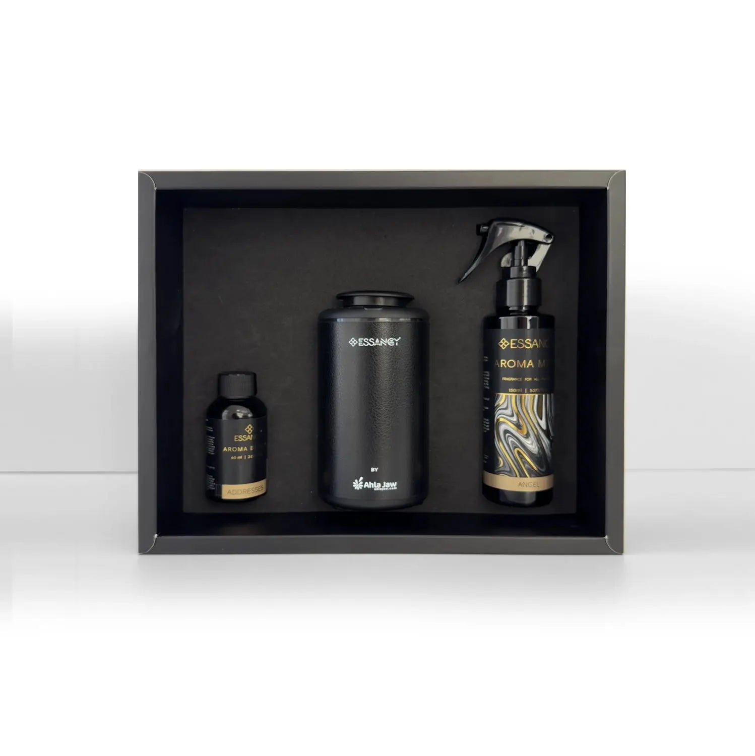Gift Box: Aroma Mist & Diffuser Set for Home, Car, Travel including electric diffuser, aroma mist, and oil in premium black box presentation.
