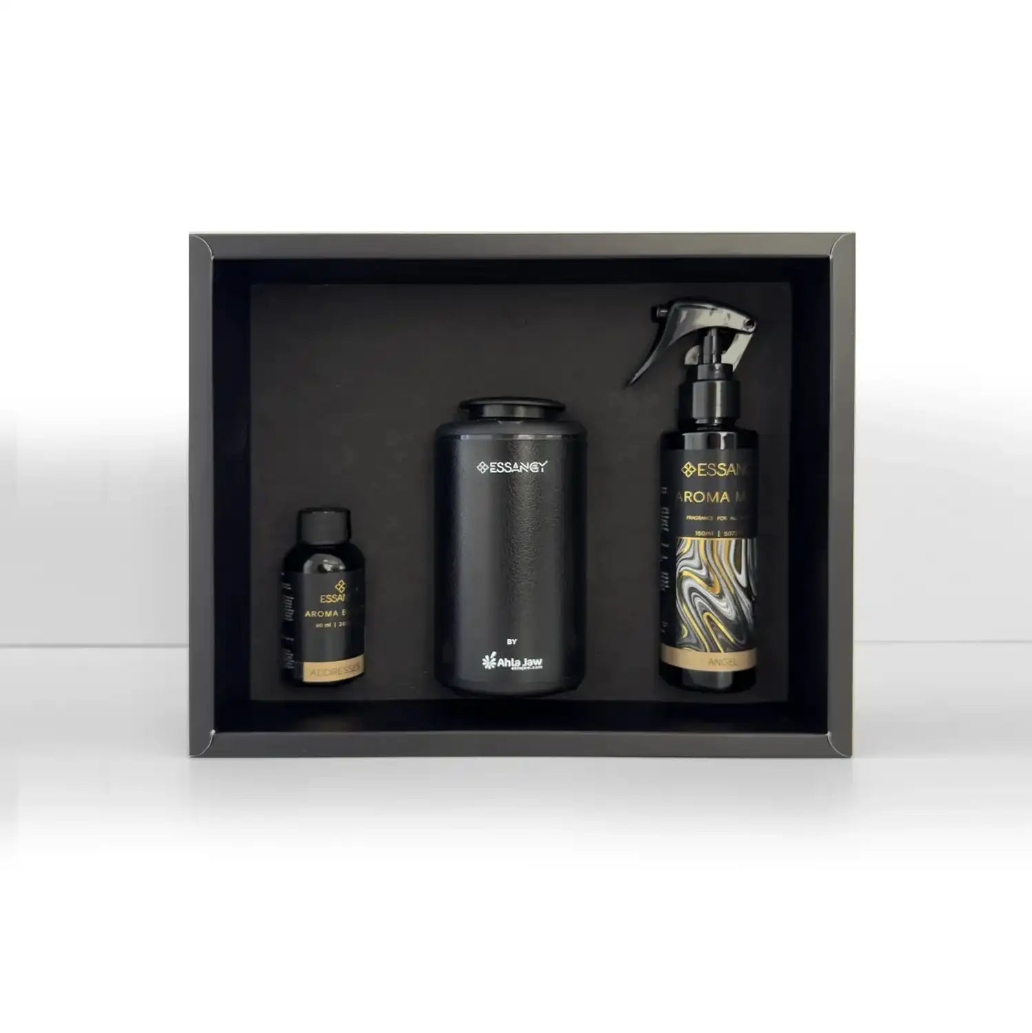 Gift Box: Aroma Mist & Diffuser Set for Home, Car, Travel including electric diffuser, aroma mist, and oil in premium black box presentation.