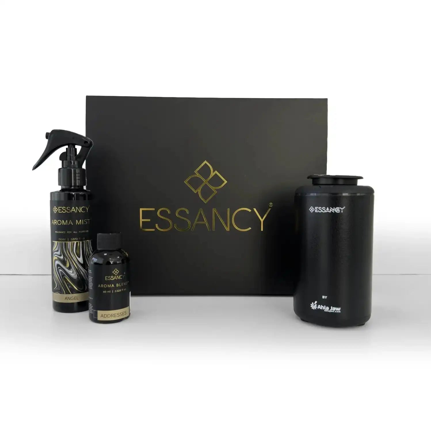 Essancy Aroma Diffuser & Mist Set with gift box packaging, ideal for home, car, or travel fragrance use with elegant black and gold design.