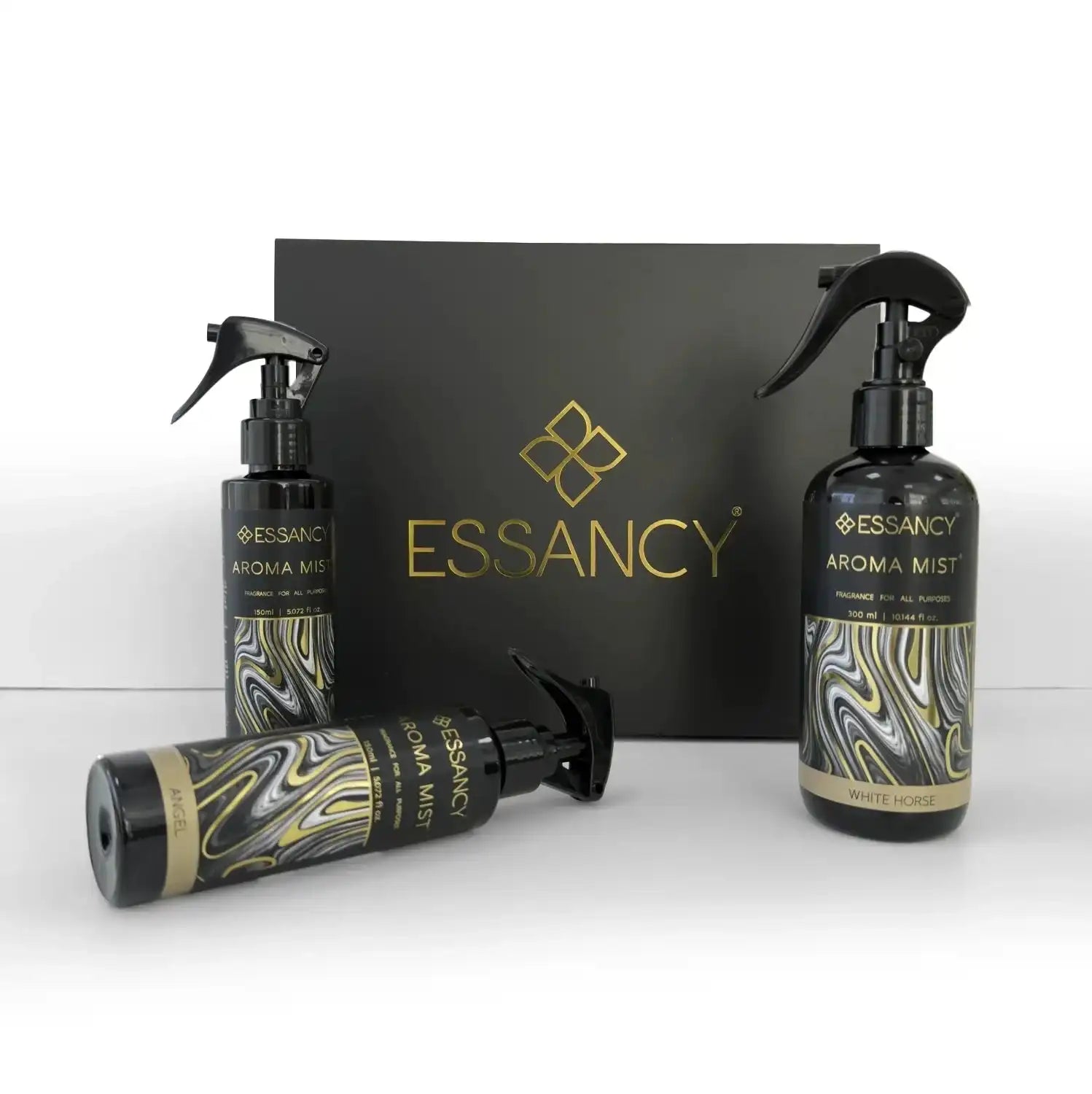 Essancy Home Aroma Spray Set featuring three stylish aroma mists and a branded black box, ideal for luxury home scent refreshment.