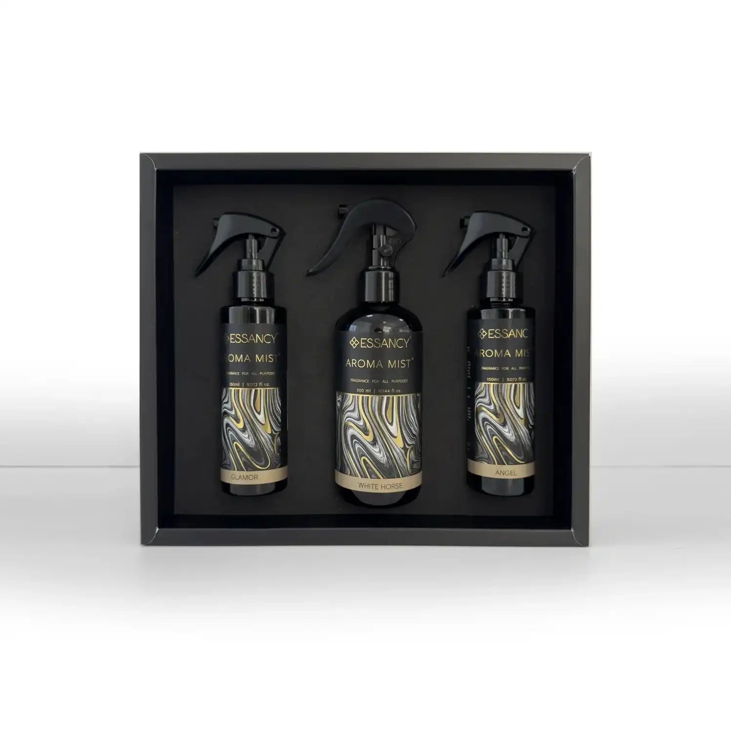 Home Aroma Spray Set by Essancy in premium black packaging with three aromatic sprays, perfect for upscale home fragrance and gifting.