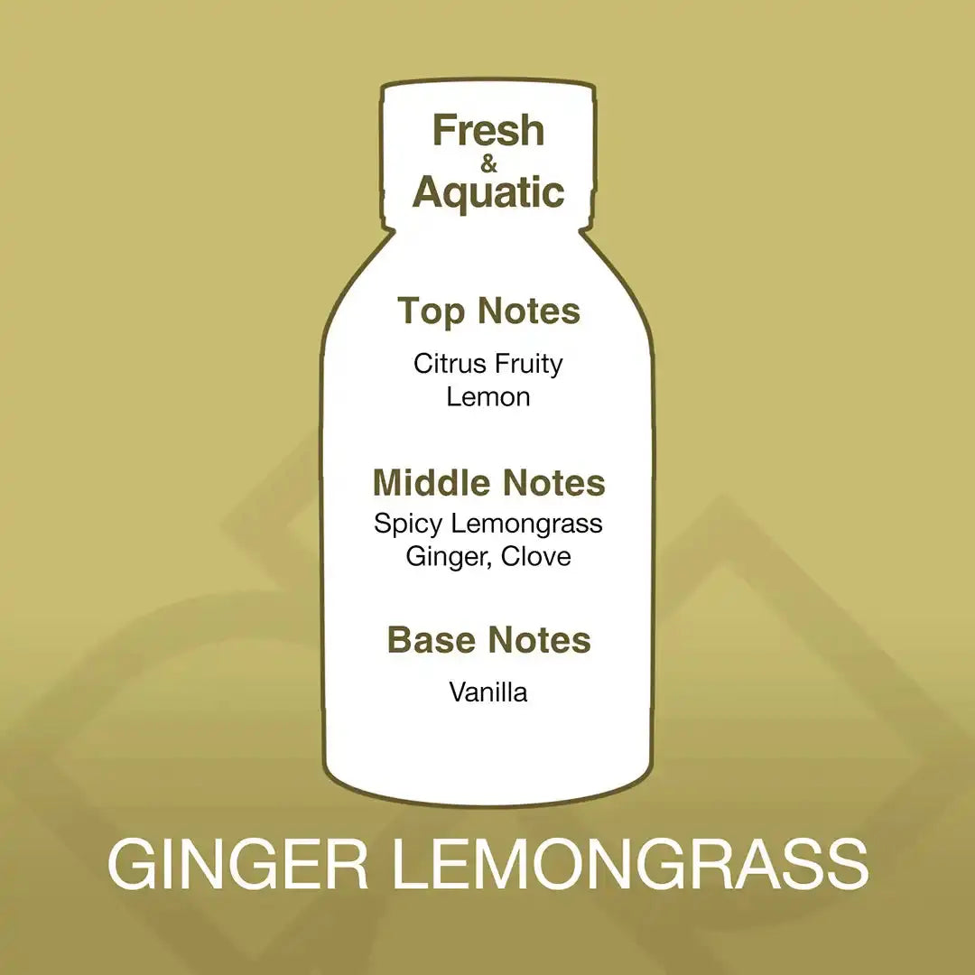 Fragrance profile of Ginger Lemongrass Aroma Blend with citrus lemon top notes, spicy ginger middle, and vanilla base. Ideal for fresh ambiance.