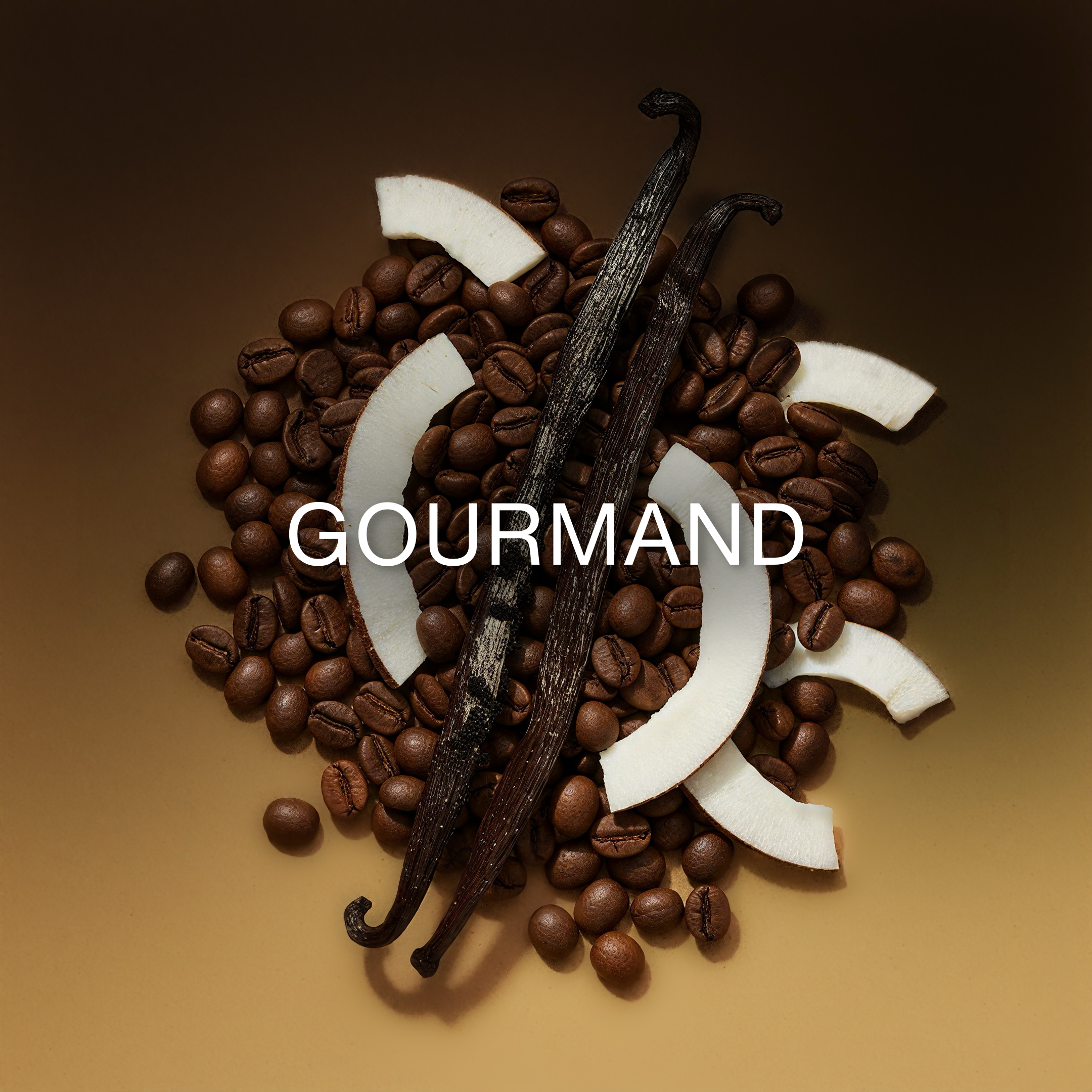 Coffee beans, vanilla pods, and coconut slices with 'Gourmand' branding on a brown background