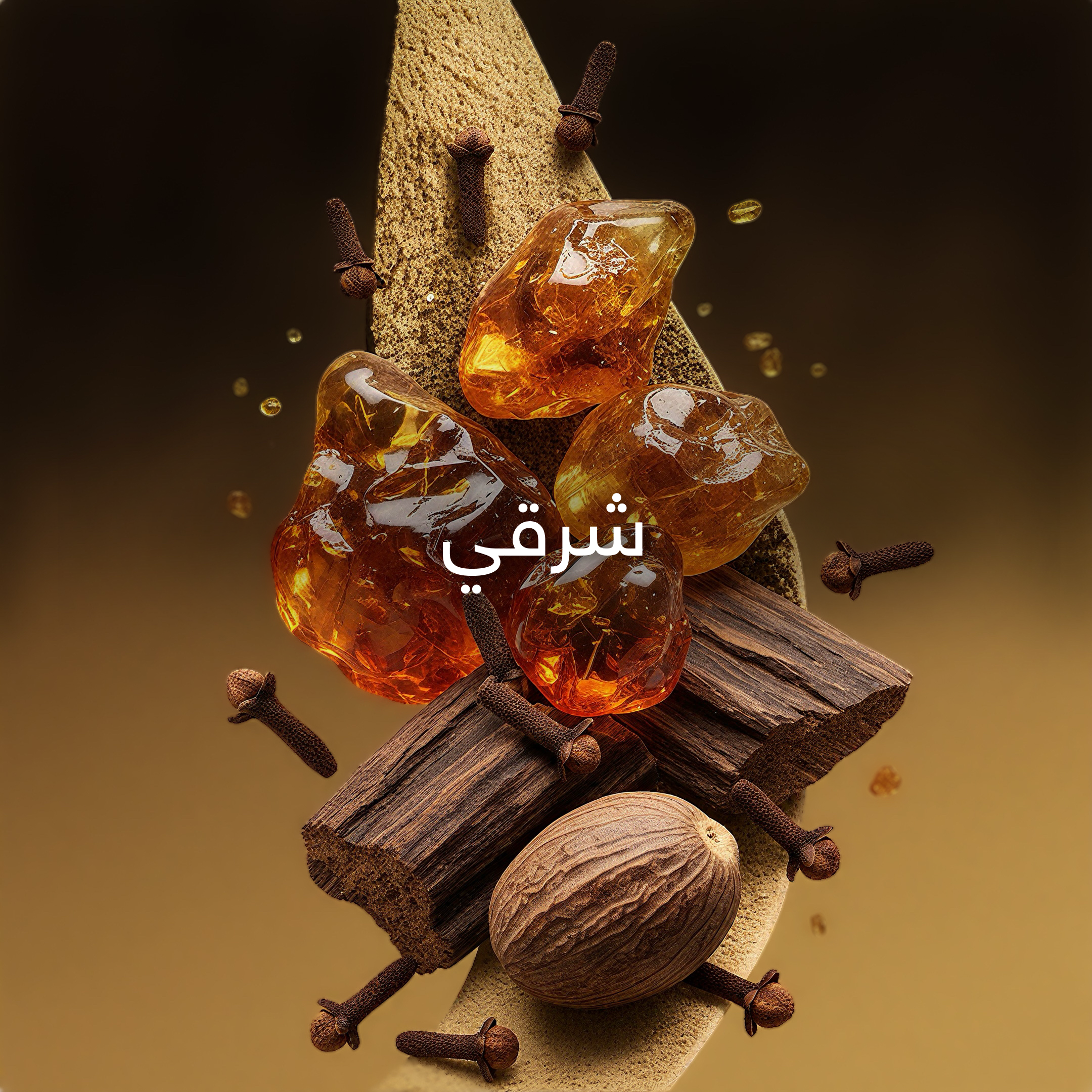 Amber stones and a nut on a wooden block with a dark background